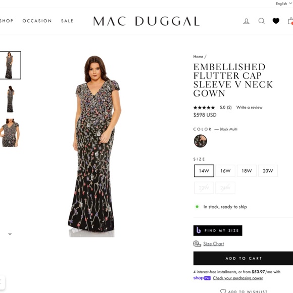NWT $598 Mac Duggal [PLUS 18W ] Embellished Flutter Cap Sleeve V Neck Gown G1580 - Picture 15 of 15